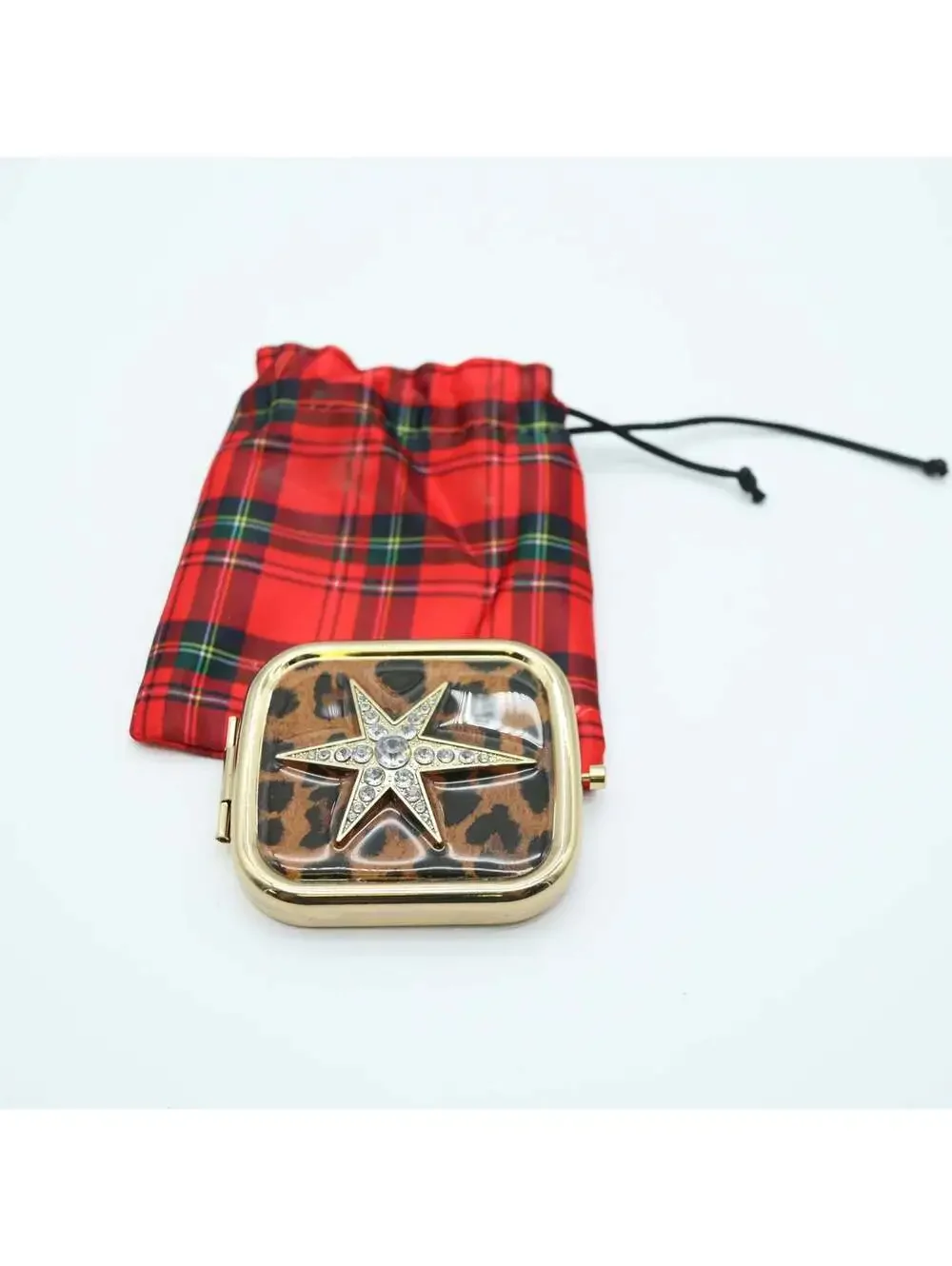 Avon Leopard Print Compact Mirror Rhinestone Star Gold Tone w Plaid Pouch